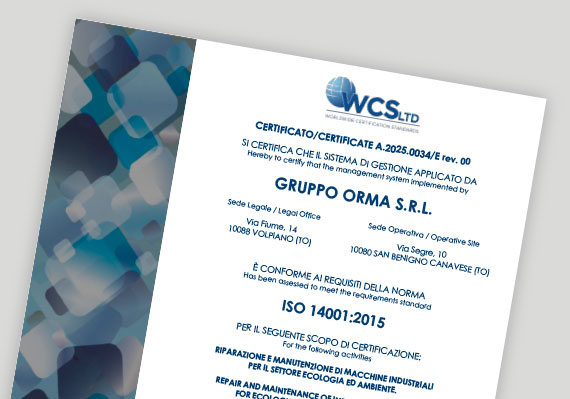 Gruppo Orma, Azienda certificata iso14001