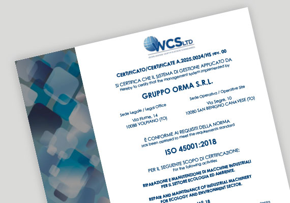 Gruppo Orma, Azienda certificata iso45001